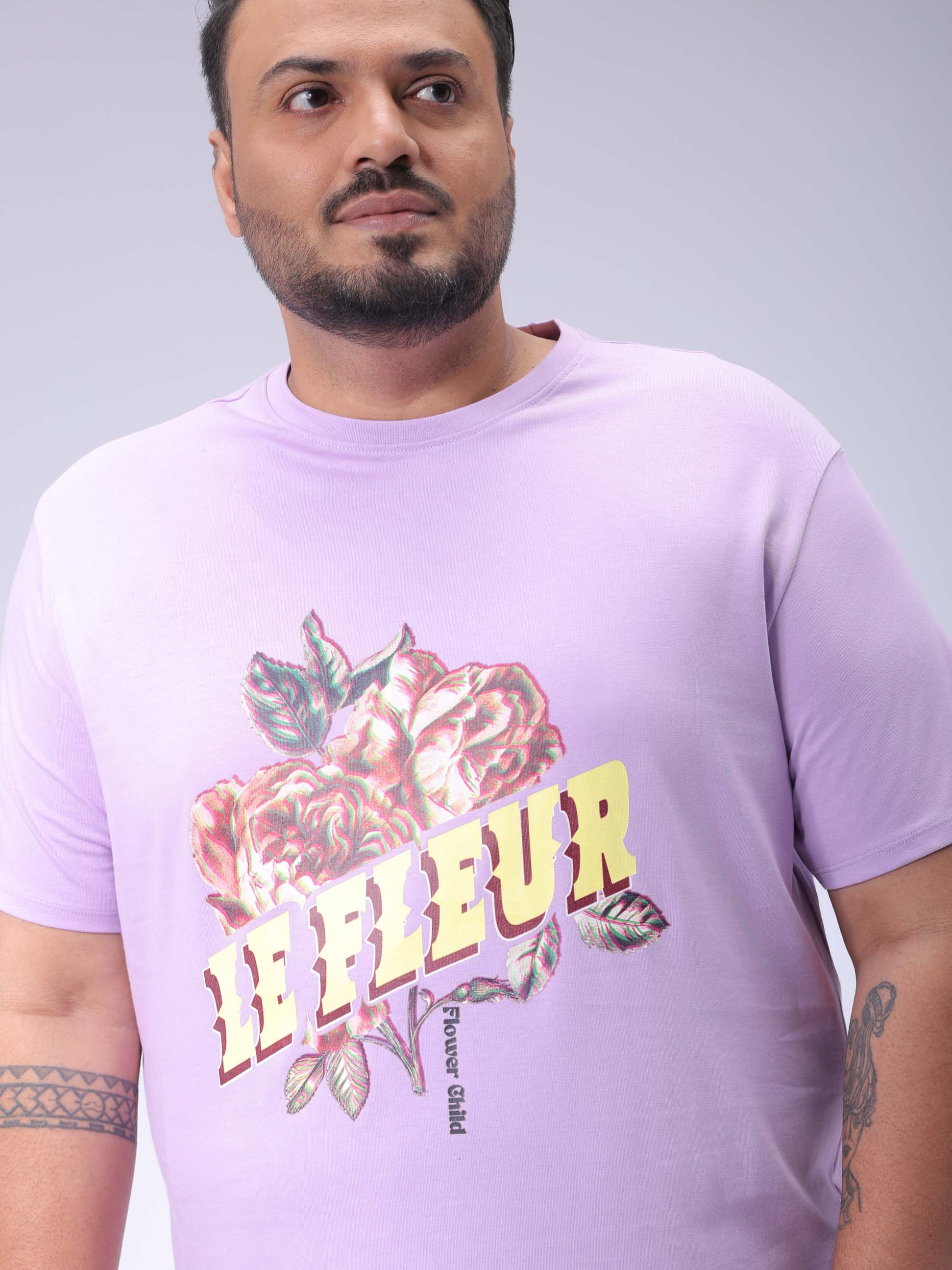 Men's Plus Size Lavender Regular Fit Placement Print T-Shirt