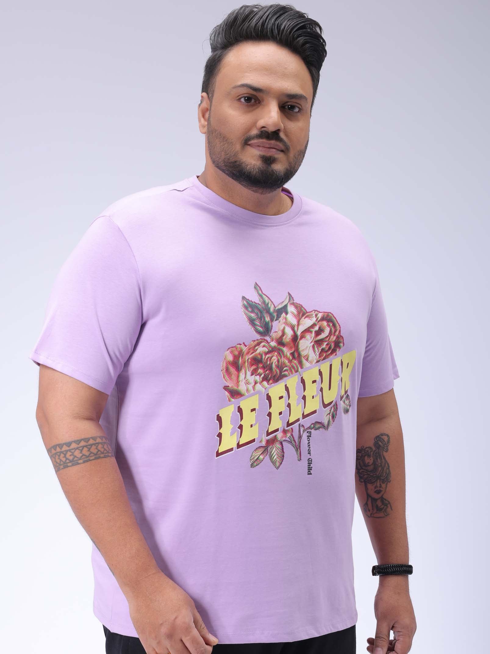 Men's Plus Size Lavender Regular Fit Placement Print T-Shirt