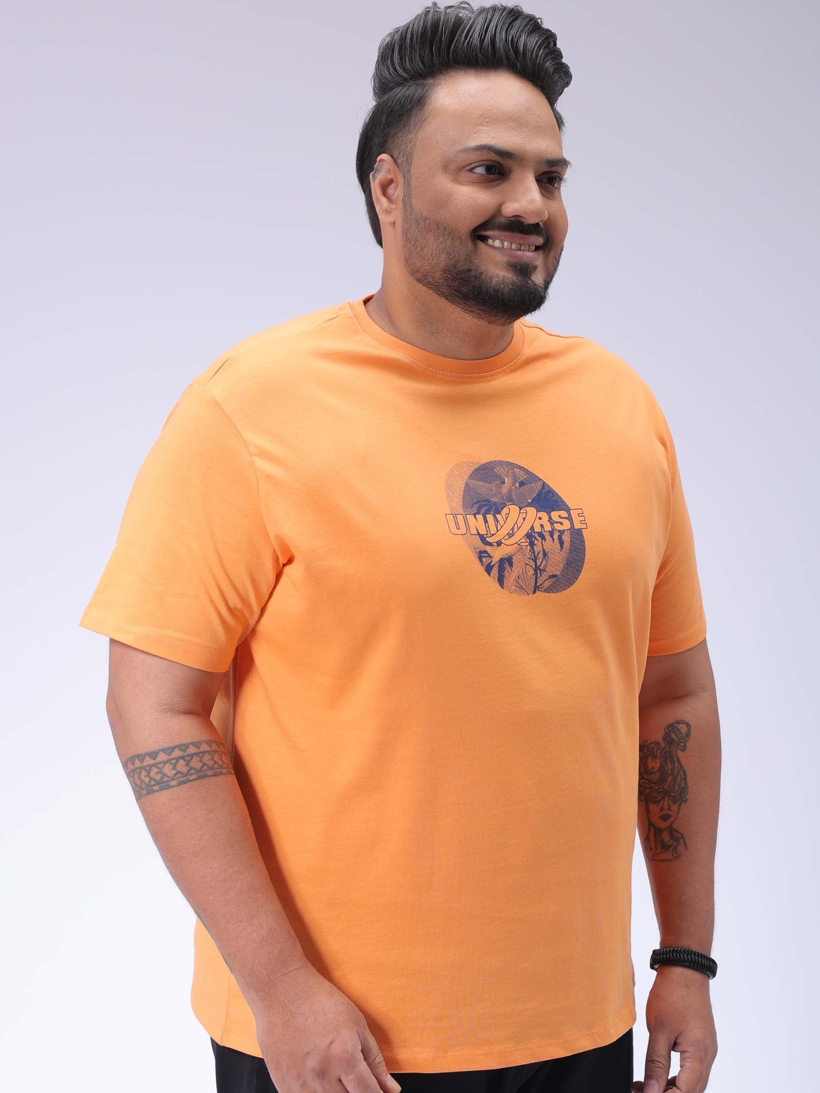 Men's Plus Size Orange Regular Fit Back Printed T-Shirt