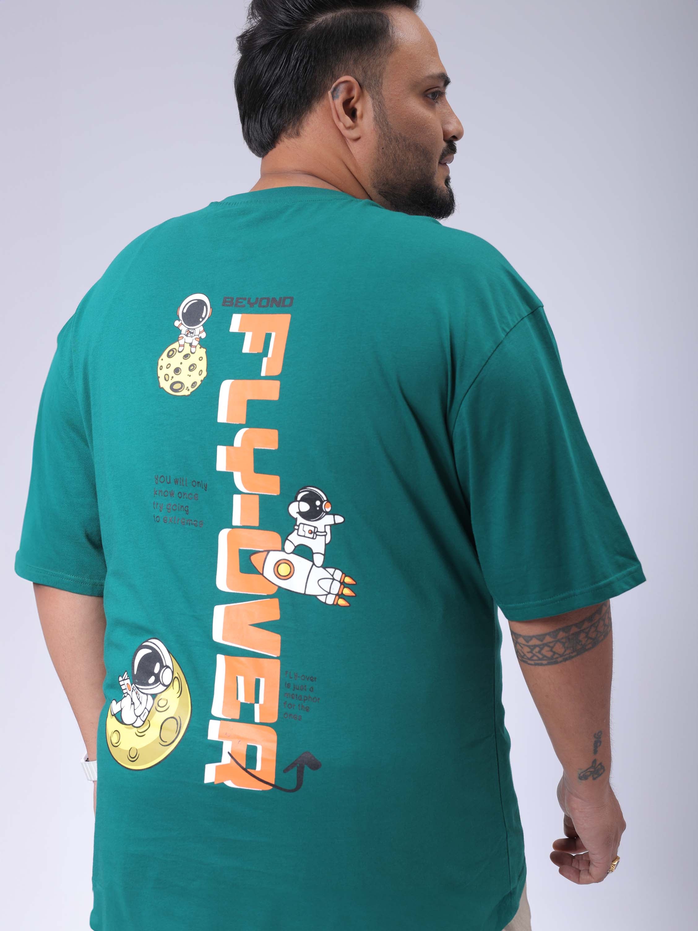 Men's Plus Size Green Relaxed Fit Back Printed T-Shirt