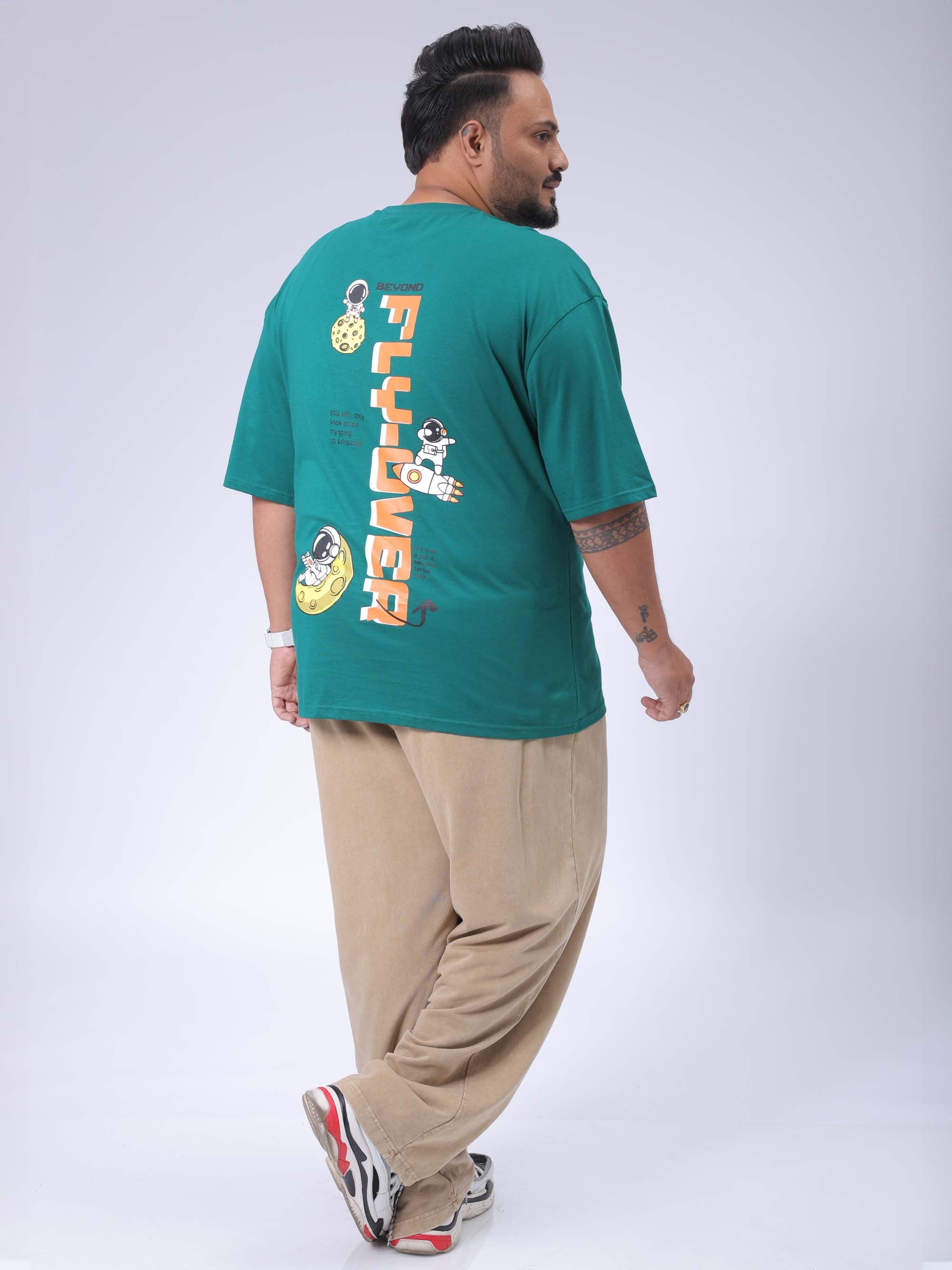 Men's Plus Size Green Relaxed Fit Back Printed T-Shirt