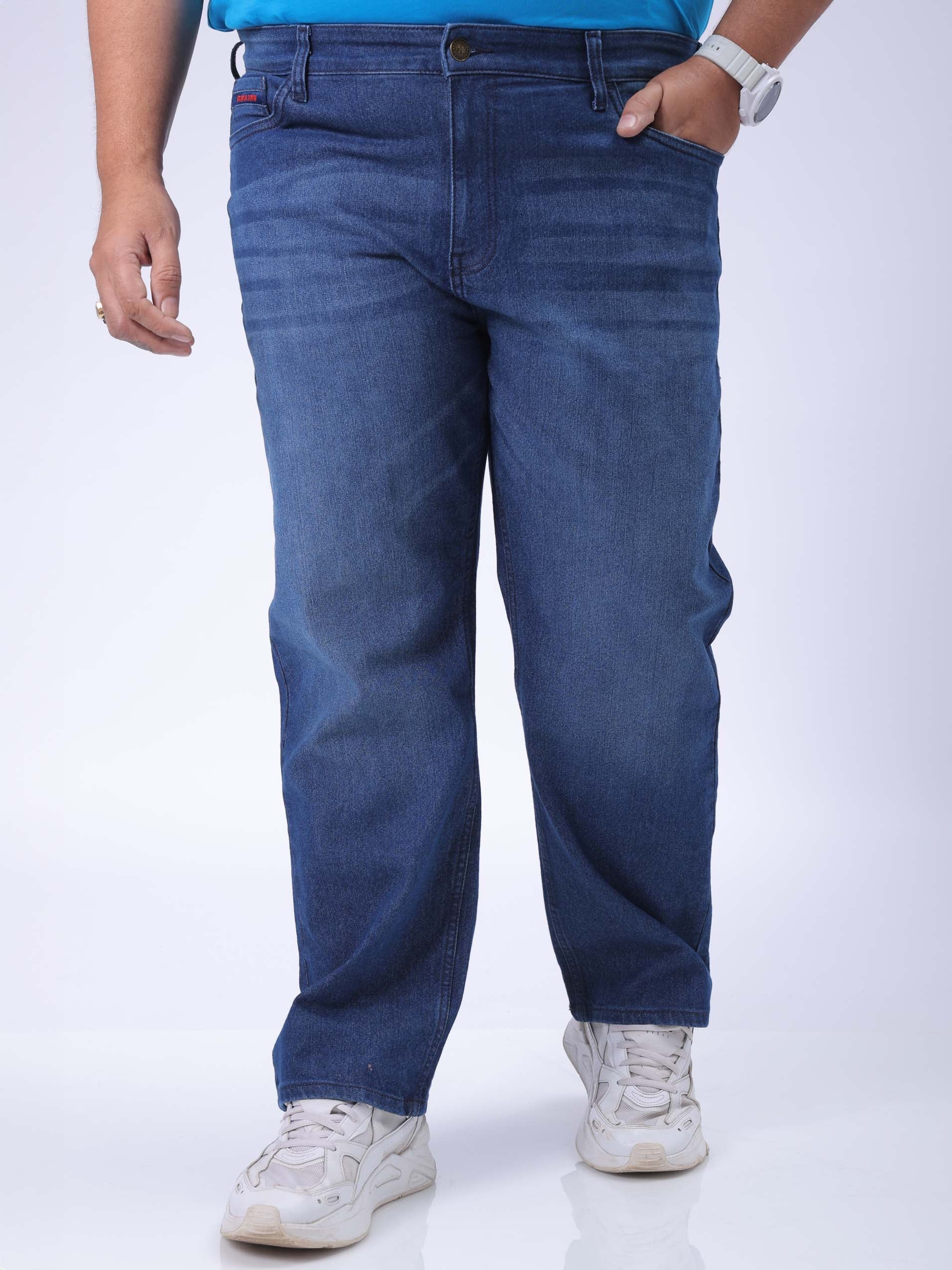 Men's Plus Size Blue Vintage Straight Fit Solid Jeans