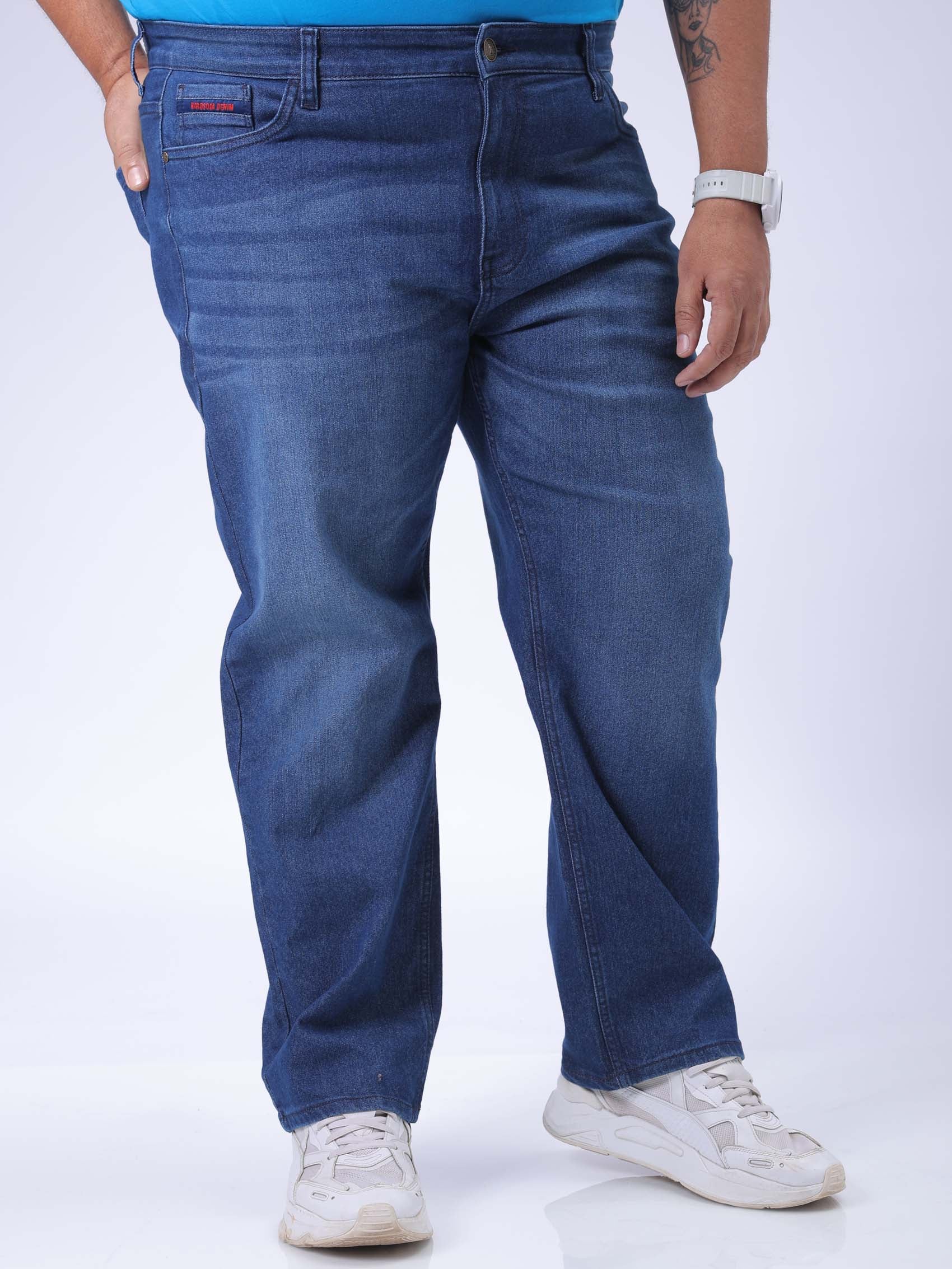 Men's Plus Size Blue Vintage Straight Fit Solid Jeans