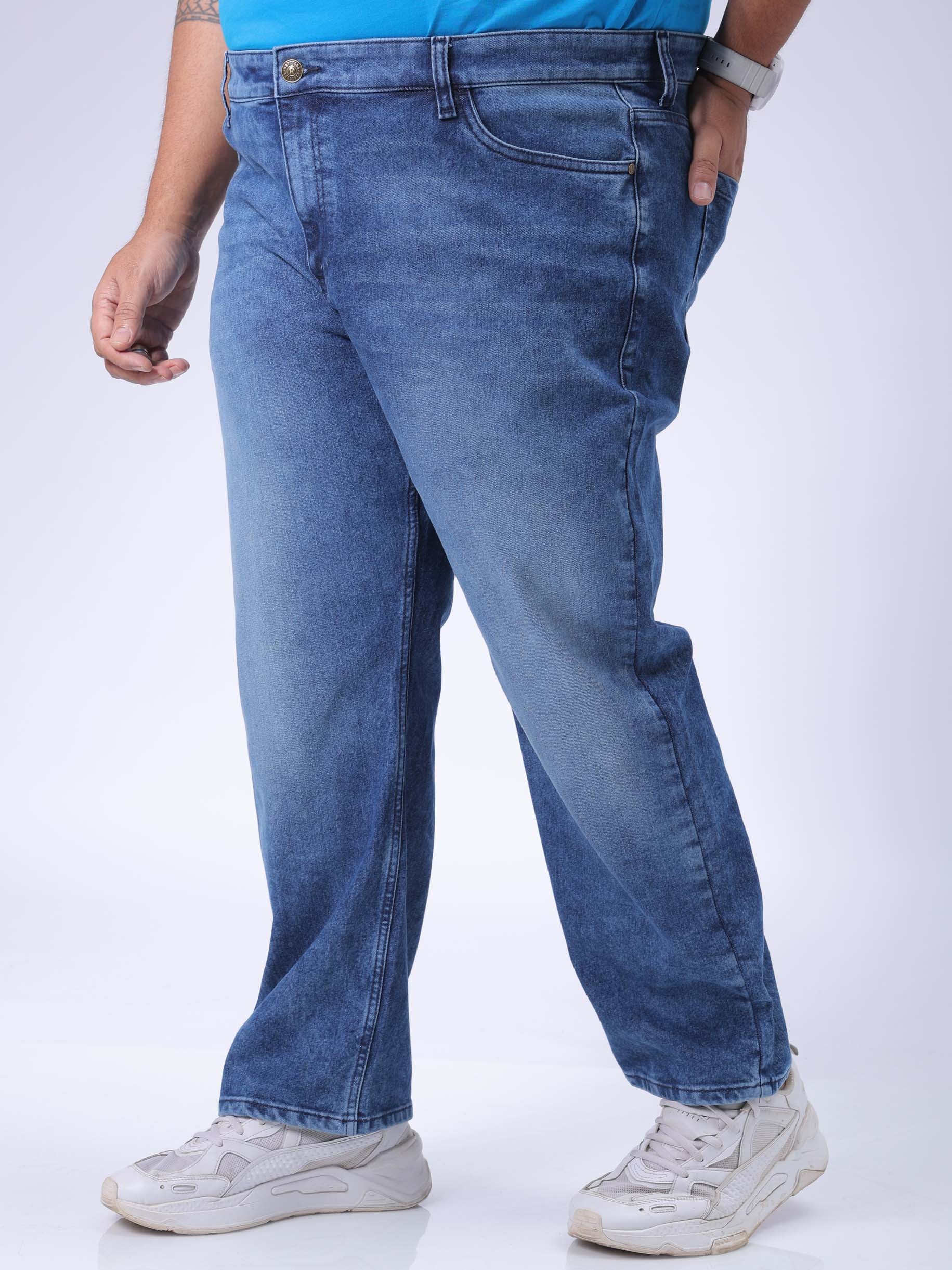 Men's Plus Size Blue Vintage Straight Fit Solid Jeans