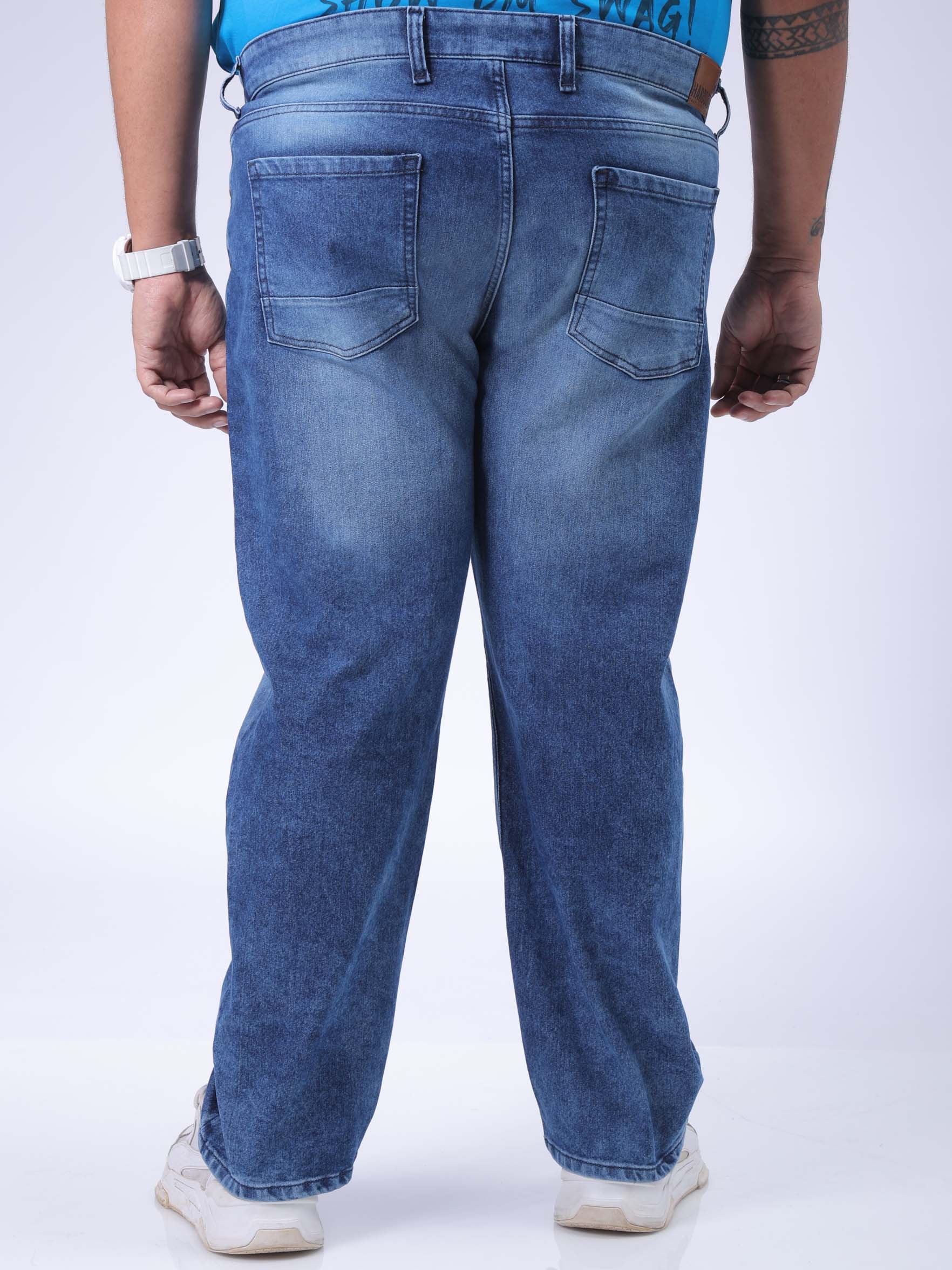 Men's Plus Size Blue Vintage Straight Fit Solid Jeans