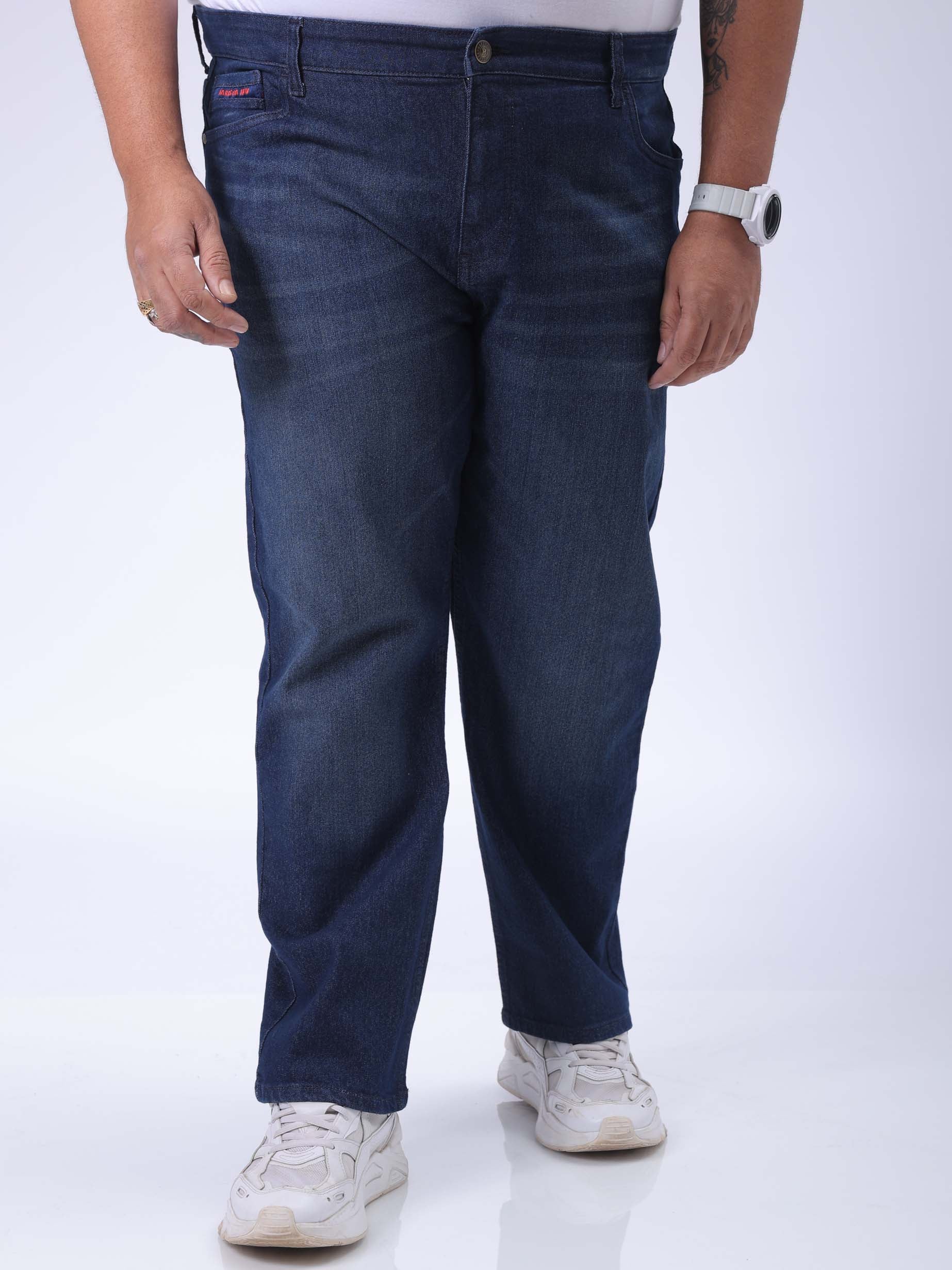 Men's Plus Size Blue Vintage Straight Fit Solid Jeans