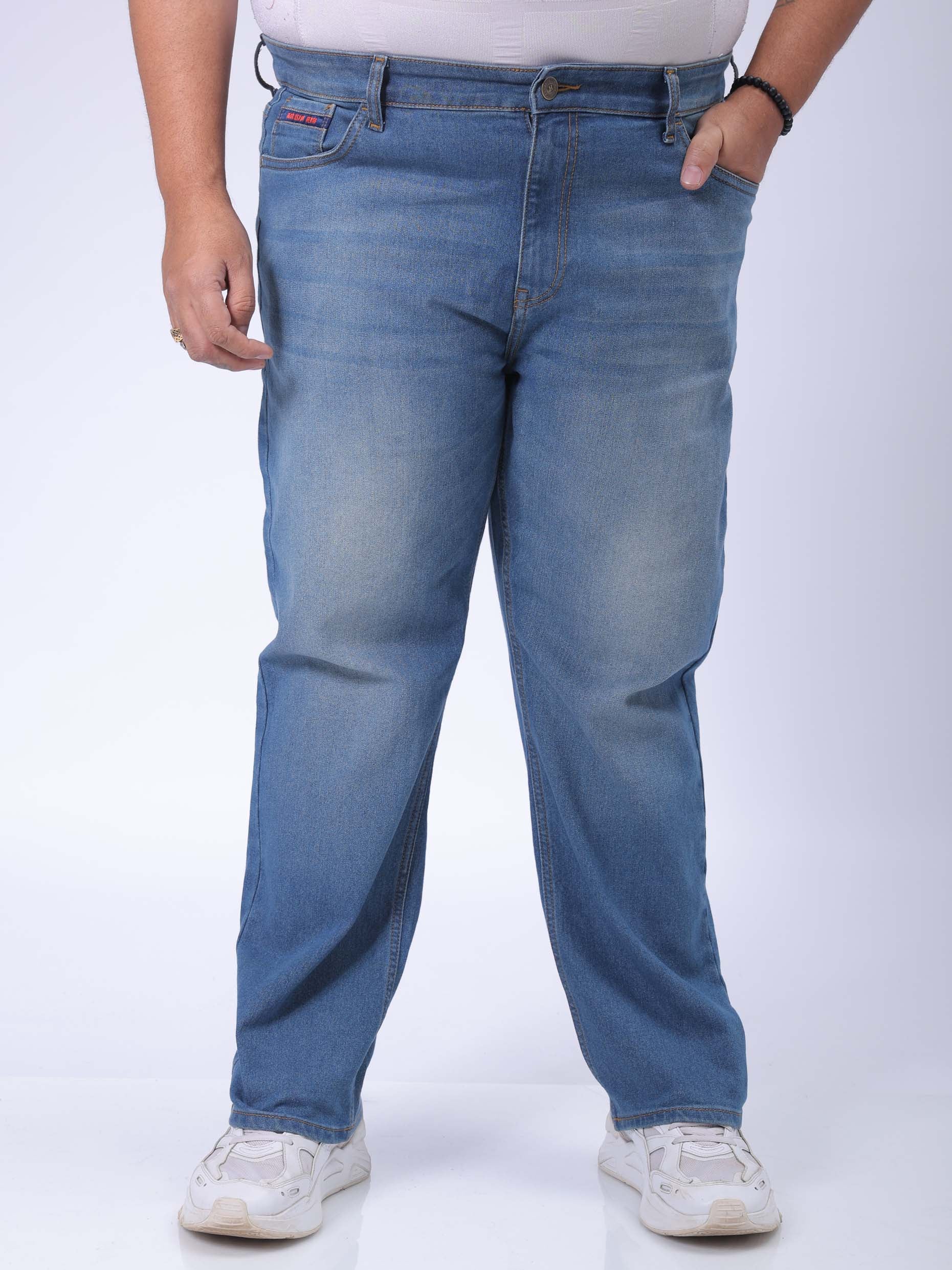 Men's Plus Size Blue Vintage Straight Fit Solid Jeans