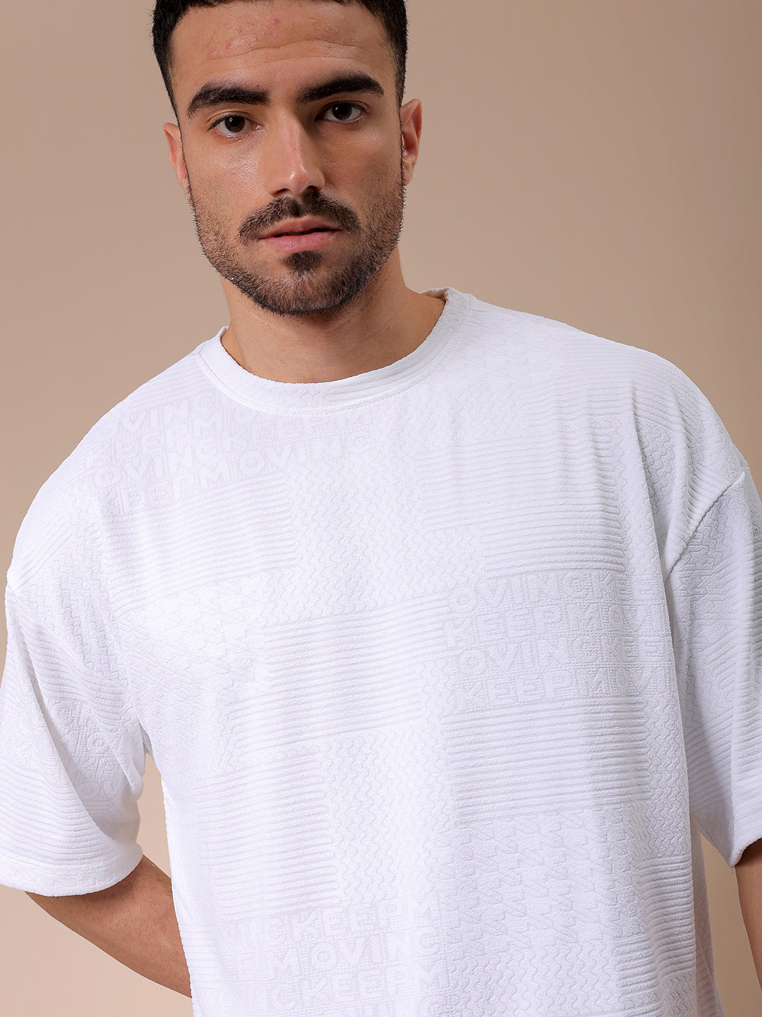 Men's White Oversized Self Design T-Shirt