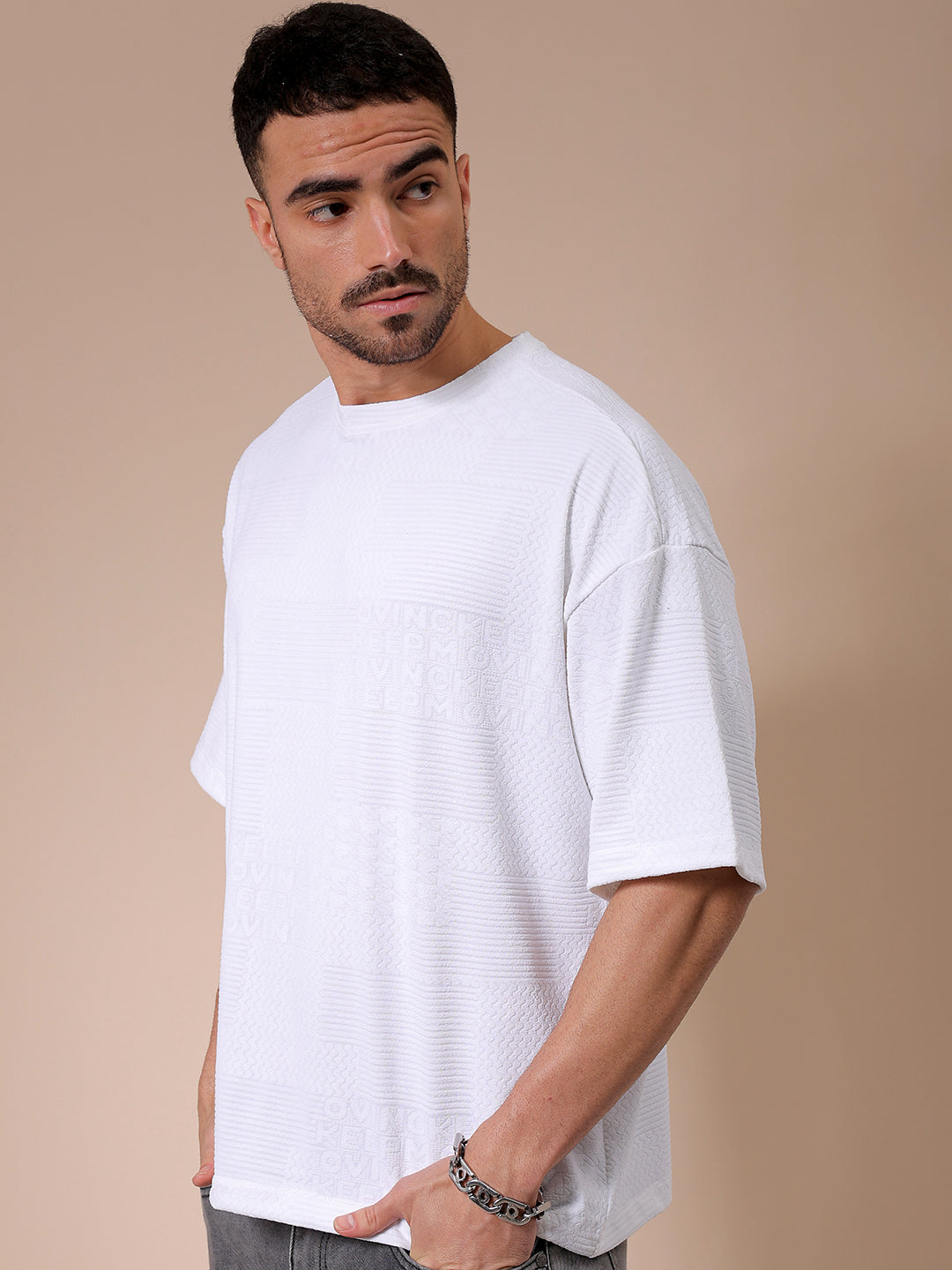 Men's White Oversized Self Design T-Shirt