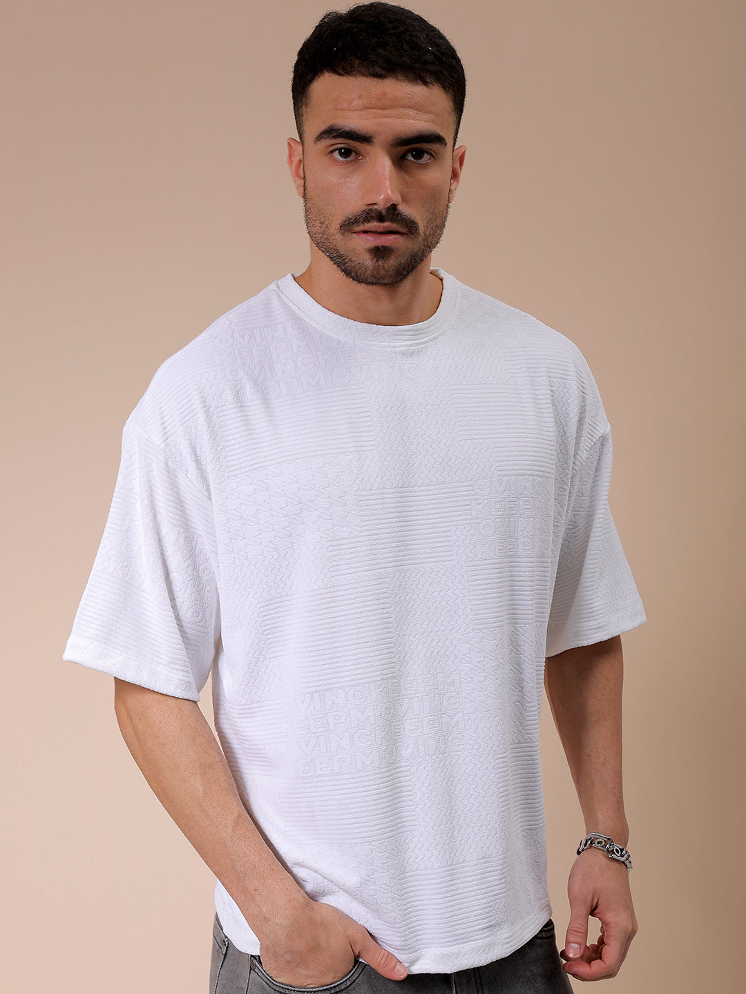 Men's White Oversized Self Design T-Shirt