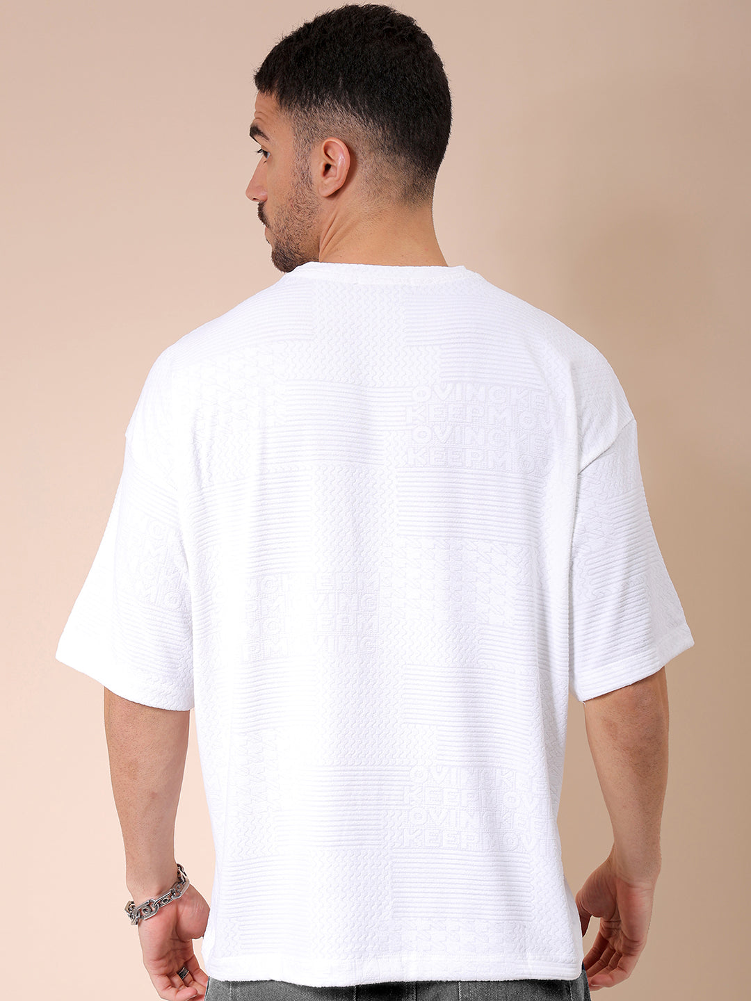 Men's White Oversized Self Design T-Shirt