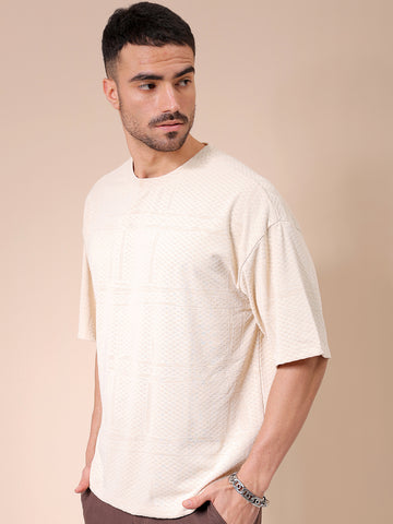Men's Cream Oversized Self Design Round Neck T-shirt