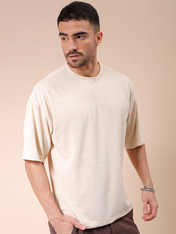 Men's Cream Oversized Self Design Round Neck T-shirt