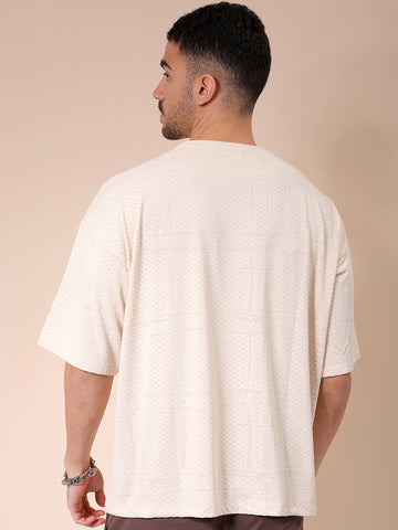 Men's Cream Oversized Self Design Round Neck T-shirt