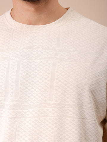 Men's Cream Oversized Self Design Round Neck T-shirt