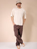 Men's Cream Oversized Self Design Round Neck T-shirt