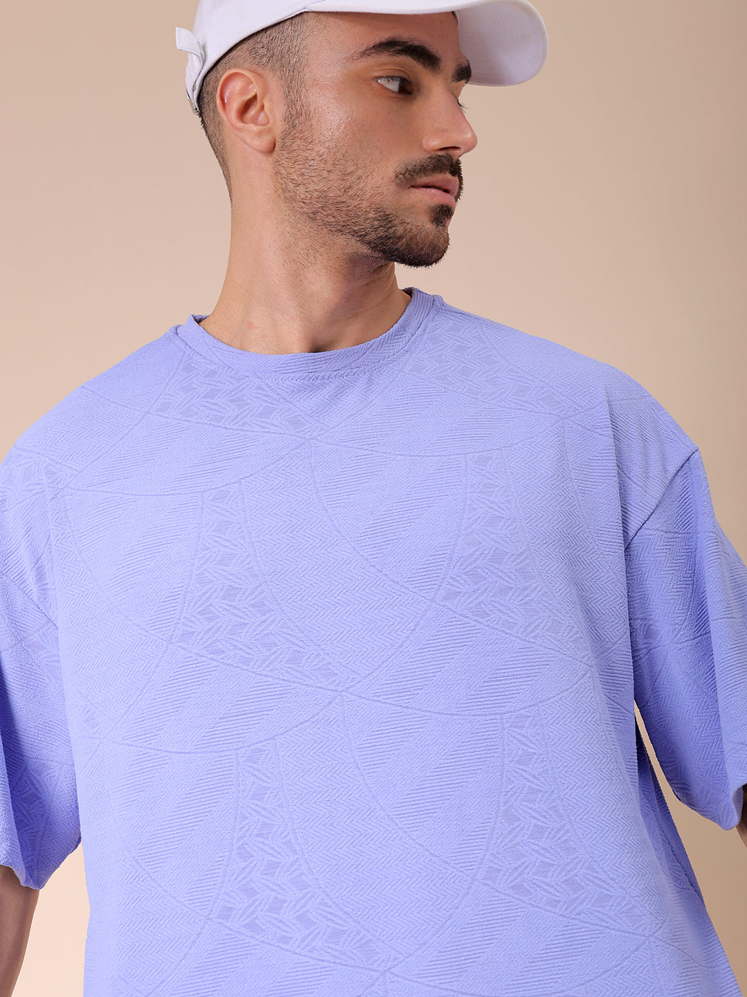 Men's Lavender Oversized Self Design T-Shirt