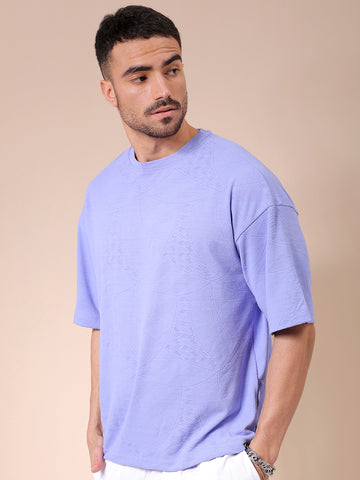 Men's Lavender Oversized Self Design Round Neck T-shirt