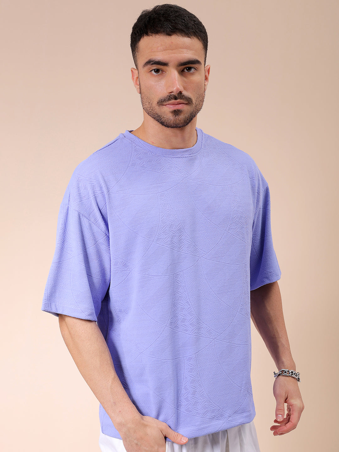 Men's Lavender Oversized Self Design T-Shirt