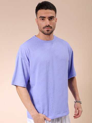 Men's Lavender Oversized Self Design Round Neck T-shirt