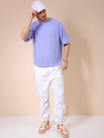 Men's Lavender Oversized Self Design Round Neck T-shirt