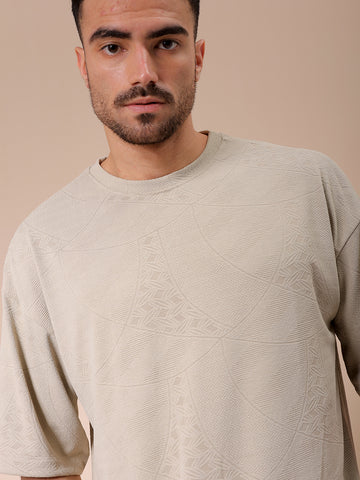 Men's Green Oversized Self Design Round Neck T-shirt