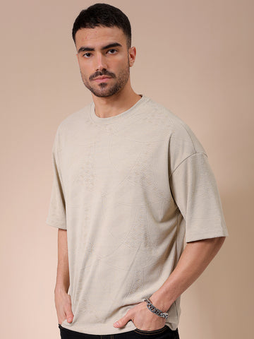 Men's Green Oversized Self Design Round Neck T-shirt