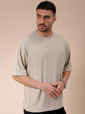 Men's Green Oversized Self Design Round Neck T-shirt