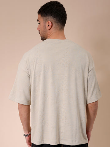 Men's Green Oversized Self Design Round Neck T-shirt
