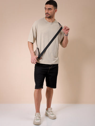 Men's Green Oversized Self Design Round Neck T-shirt