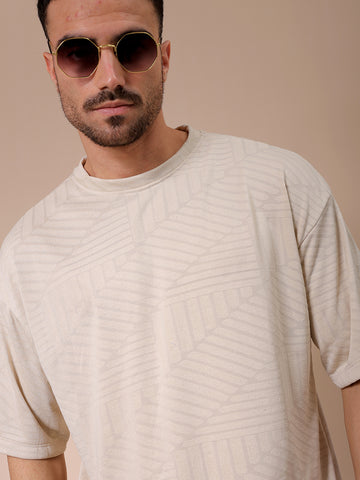 Men's Cream Oversized Self Design Round Neck T-shirt