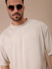 Men's Cream Oversized Self Design Round Neck T-shirt