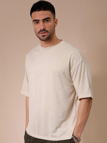 Men's Cream Oversized Self Design Round Neck T-shirt