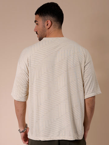 Men's Cream Oversized Self Design Round Neck T-shirt
