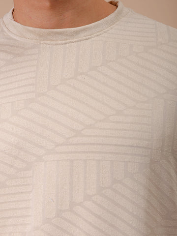 Men's Cream Oversized Self Design Round Neck T-shirt