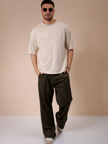 Men's Cream Oversized Self Design Round Neck T-shirt