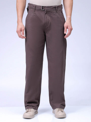 Men's Brown Baggy Solid Mid-Rise Trousers
