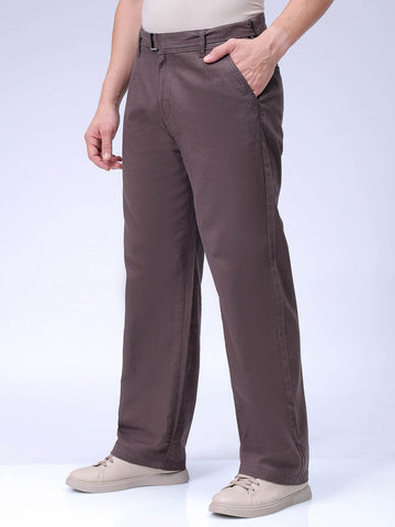 Men's Brown Baggy Solid Mid-Rise Trousers