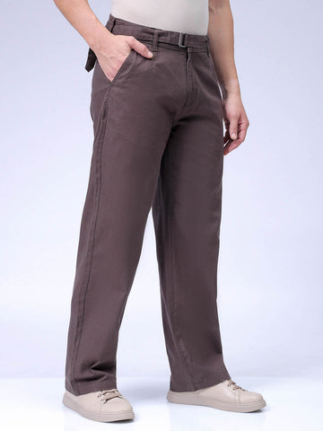 Men's Brown Baggy Solid Mid-Rise Trousers