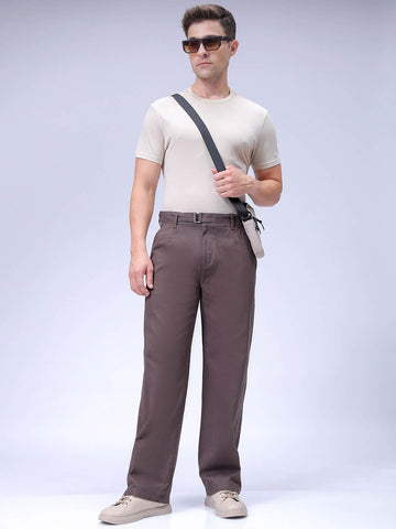 Men's Brown Baggy Solid Mid-Rise Trousers