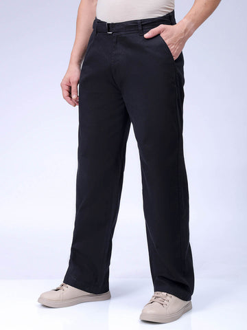 HOT Mens Chinos Mid Rise Chinos Men's Black Baggy Solid Mid