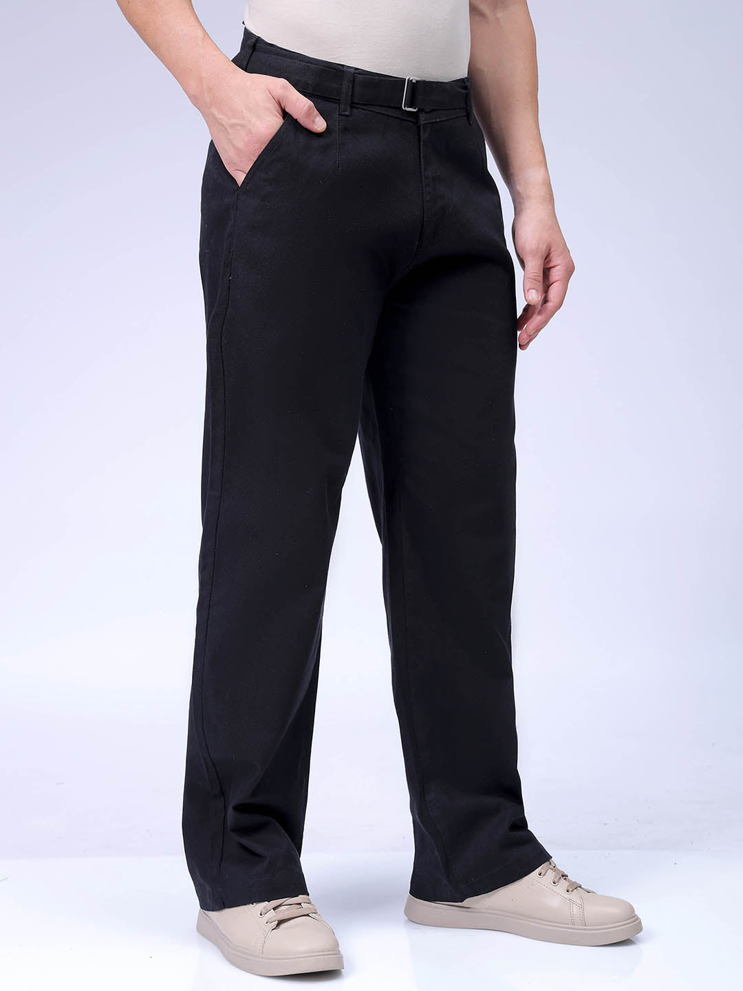 Men's Black Baggy Solid Mid-Rise Trousers – TIGC