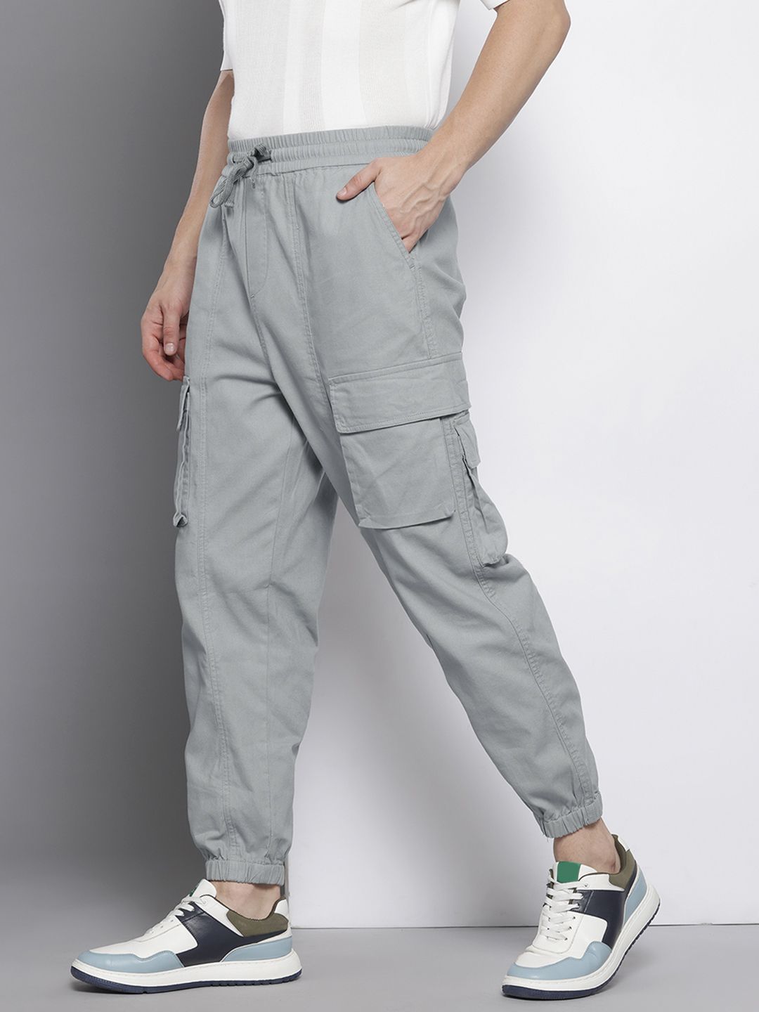 Men's Grey Barrel Loose Solid Cargo Jogger