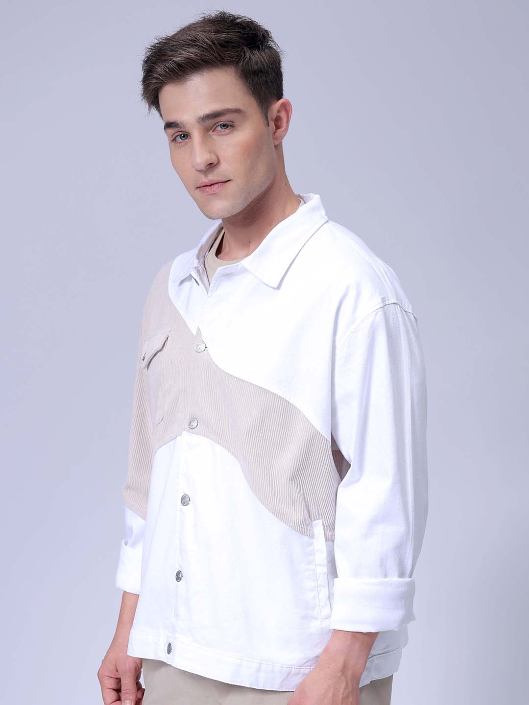 Men's White Relaxed Fit Colourblocked Colourblocked Jacket