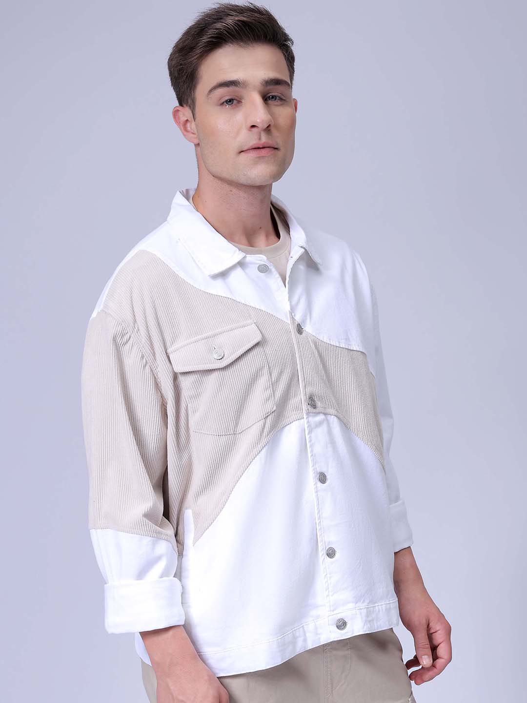 Men's White Relaxed Fit Colourblocked Colourblocked Jacket
