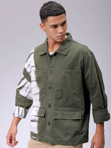 Men's Olive Relaxed Fit Tie Dye Trucker Jacket