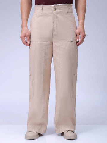 Men's Cream Loose Wide Leg Solid Mid-Rise Cargo Trousers