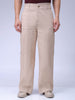 Men's Cream Loose Wide Leg Solid Mid-Rise Cargo Trousers