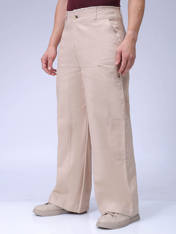 Men's Cream Loose Wide Leg Solid Mid-Rise Cargo Trousers