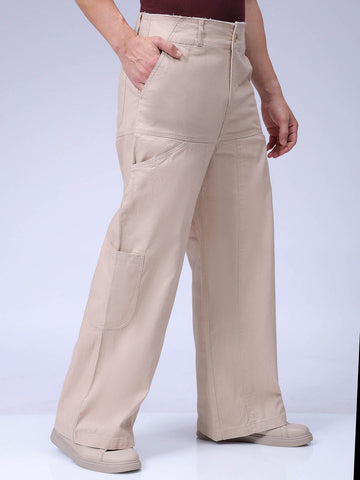 Men's Cream Loose Wide Leg Solid Mid-Rise Cargo Trousers – TIGC